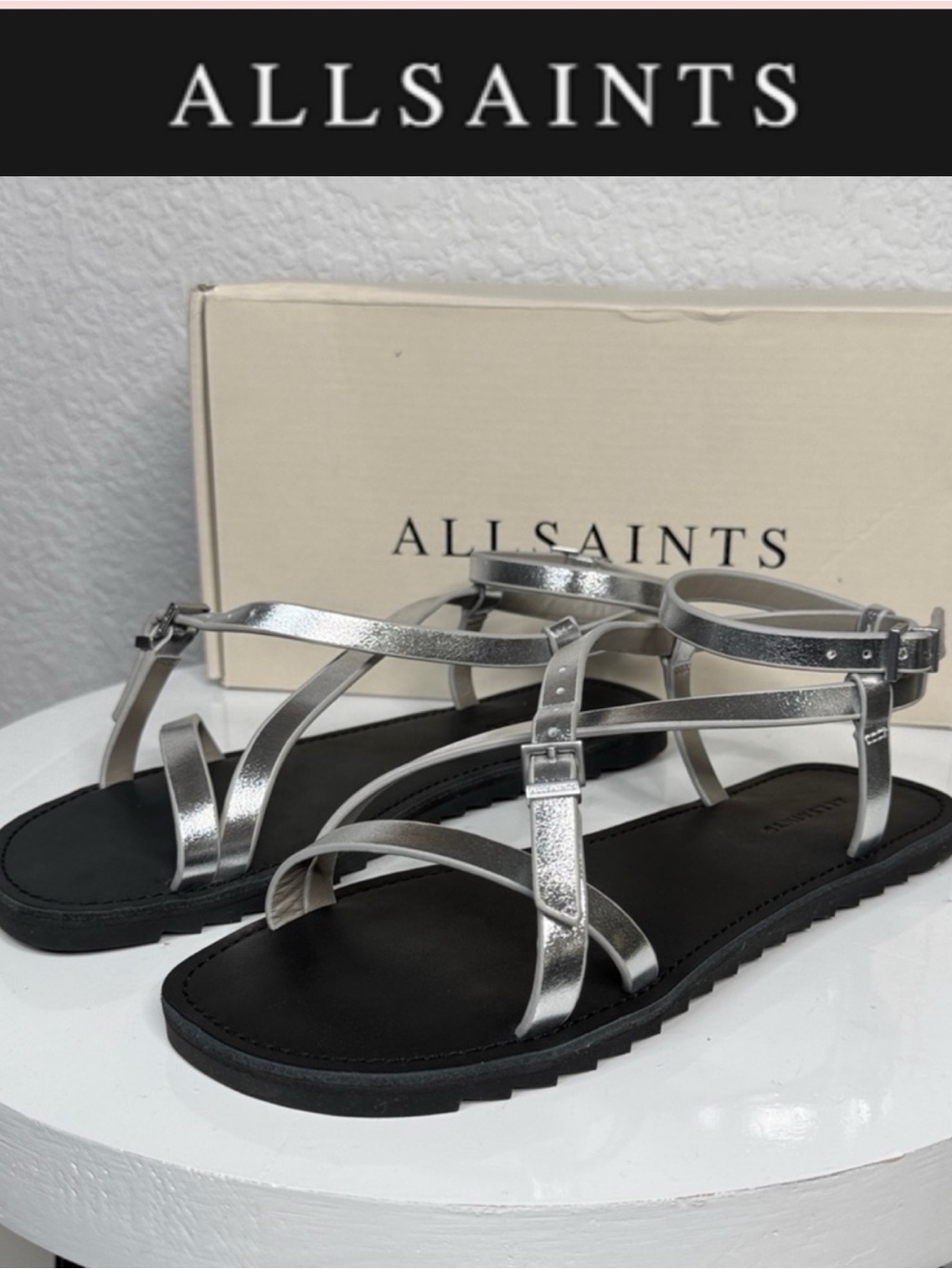 NIB ALLSAINTS TYLA SILVER LEATHER STRAPPY FLAT SANDALS ANKLE WRAP SIZE EU 36/6